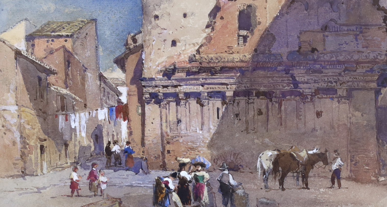 William Leighton Leitch (1804-1883), gouache on card, View of Bocca della Verita, Rome, with figures and horses in foreground, Fine Art Society label verso, 11 x 21cm
